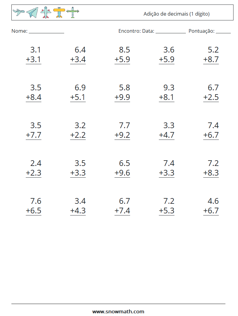 (25) Adição de decimais (1 dígito) planilhas matemáticas 12