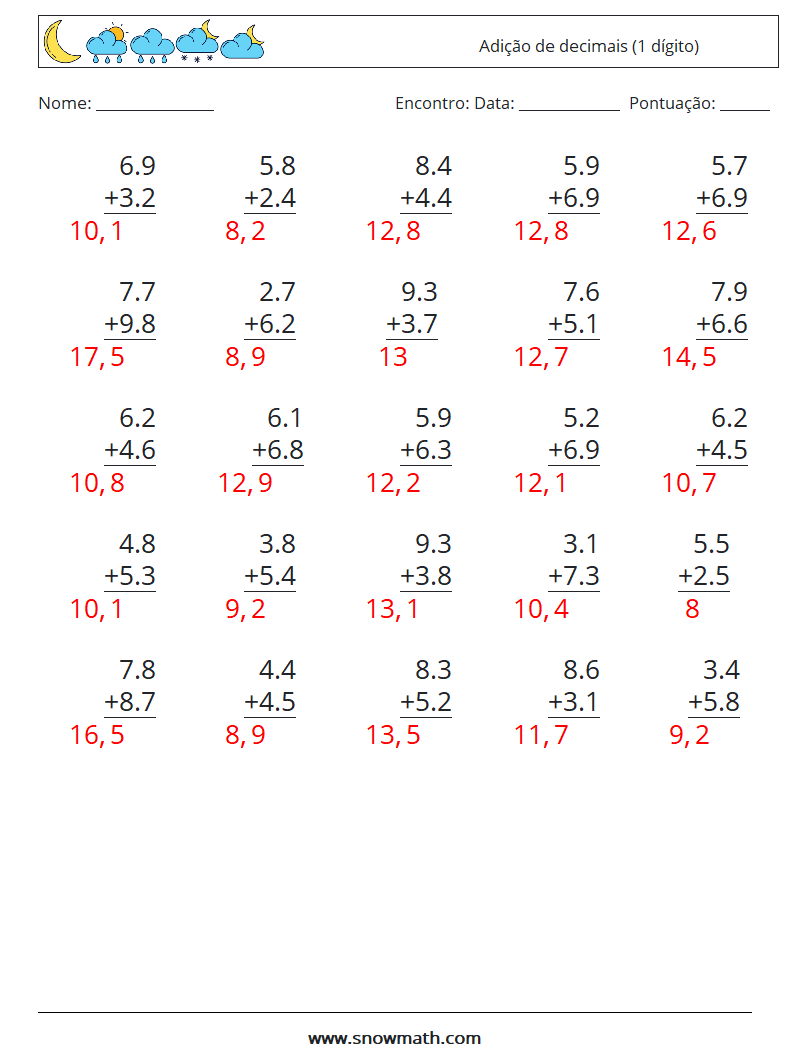 (25) Adição de decimais (1 dígito) planilhas matemáticas 13 Pergunta, Resposta