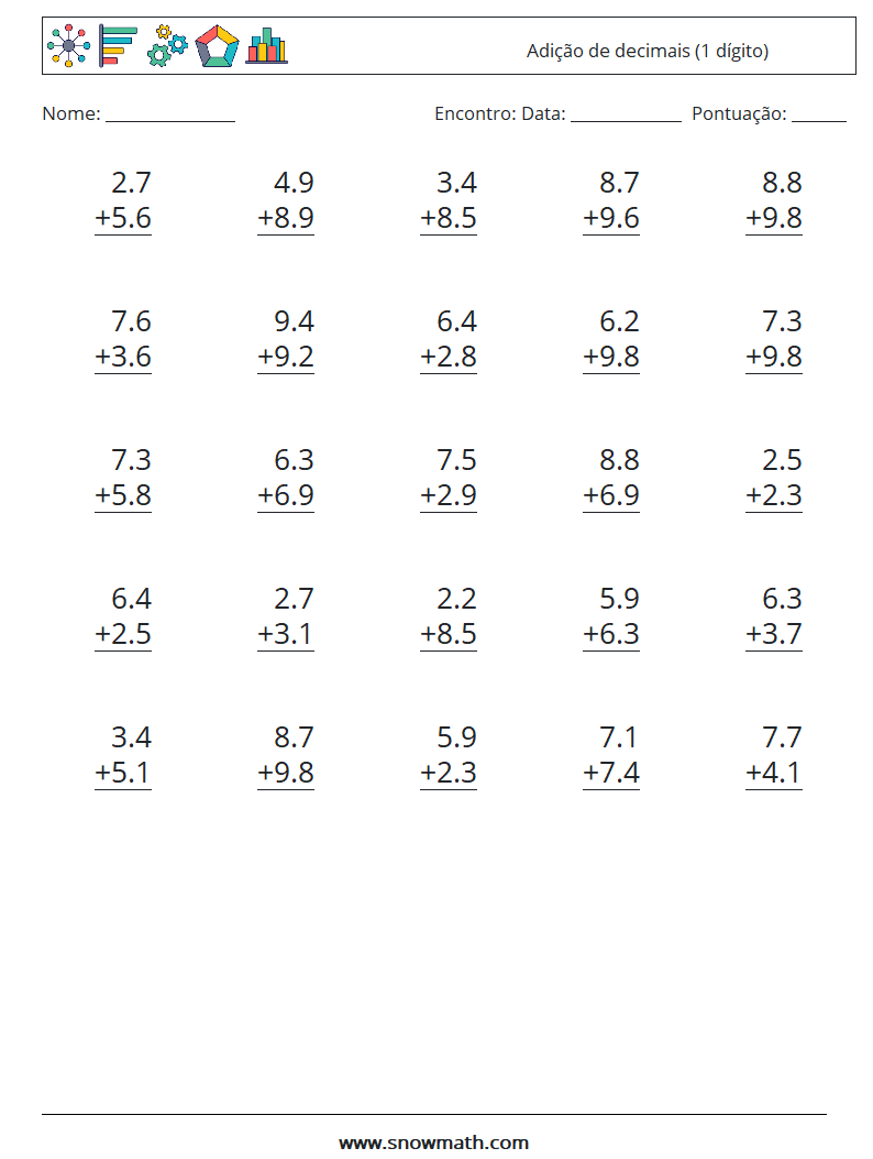 (25) Adição de decimais (1 dígito) planilhas matemáticas 14