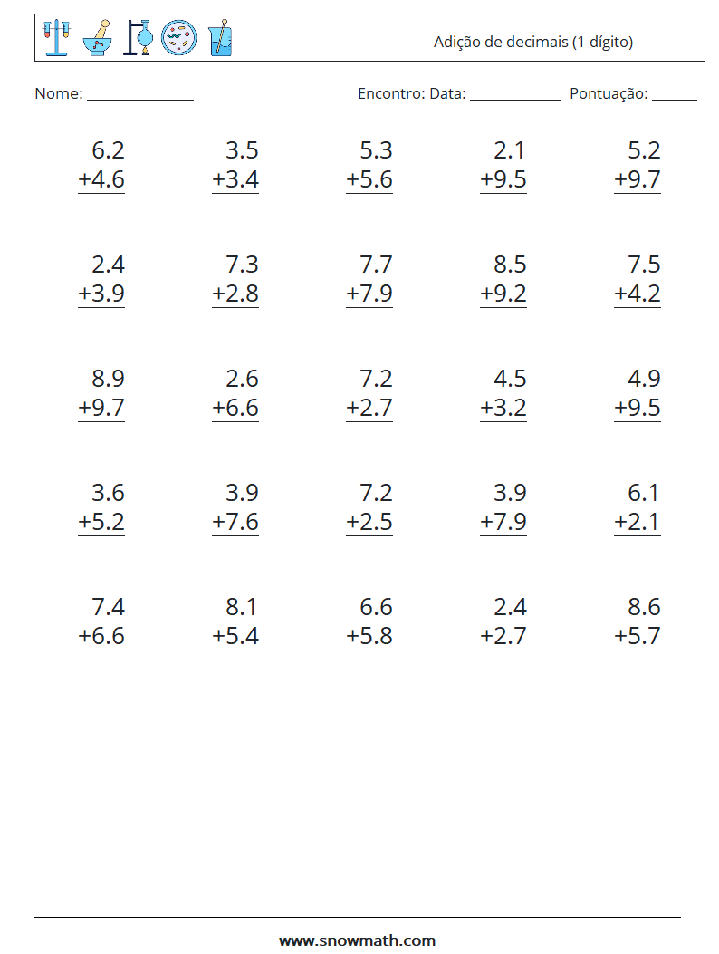 (25) Adição de decimais (1 dígito) planilhas matemáticas 15