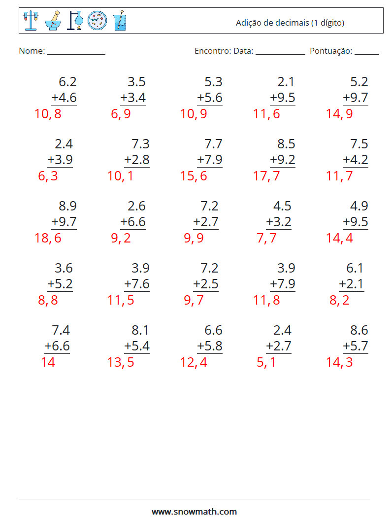 (25) Adição de decimais (1 dígito) planilhas matemáticas 15 Pergunta, Resposta