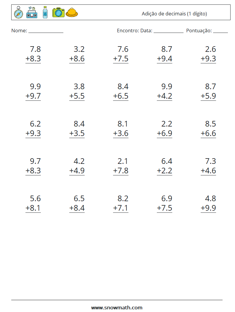 (25) Adição de decimais (1 dígito) planilhas matemáticas 16