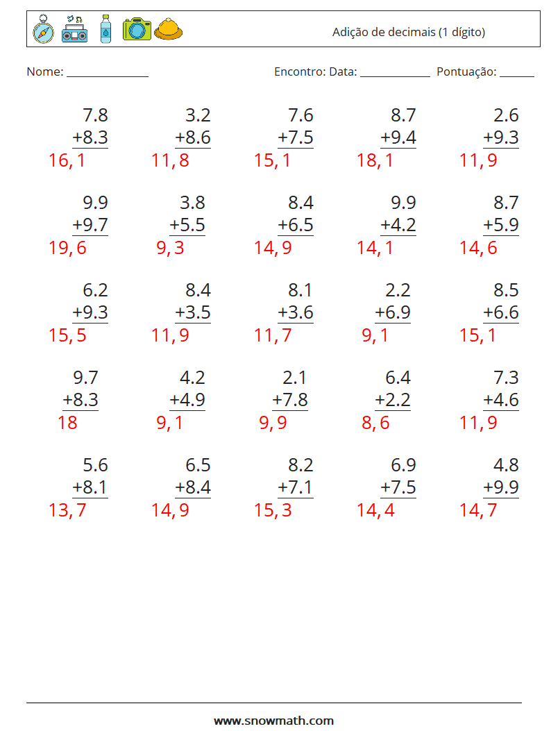 (25) Adição de decimais (1 dígito) planilhas matemáticas 16 Pergunta, Resposta