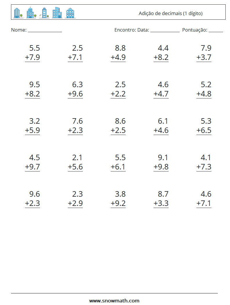 (25) Adição de decimais (1 dígito) planilhas matemáticas 17