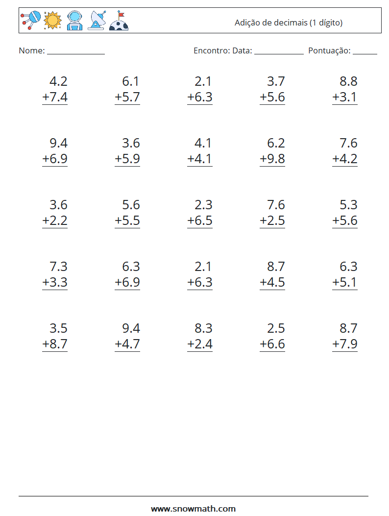 (25) Adição de decimais (1 dígito) planilhas matemáticas 18