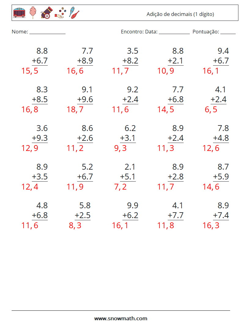 (25) Adição de decimais (1 dígito) planilhas matemáticas 1 Pergunta, Resposta