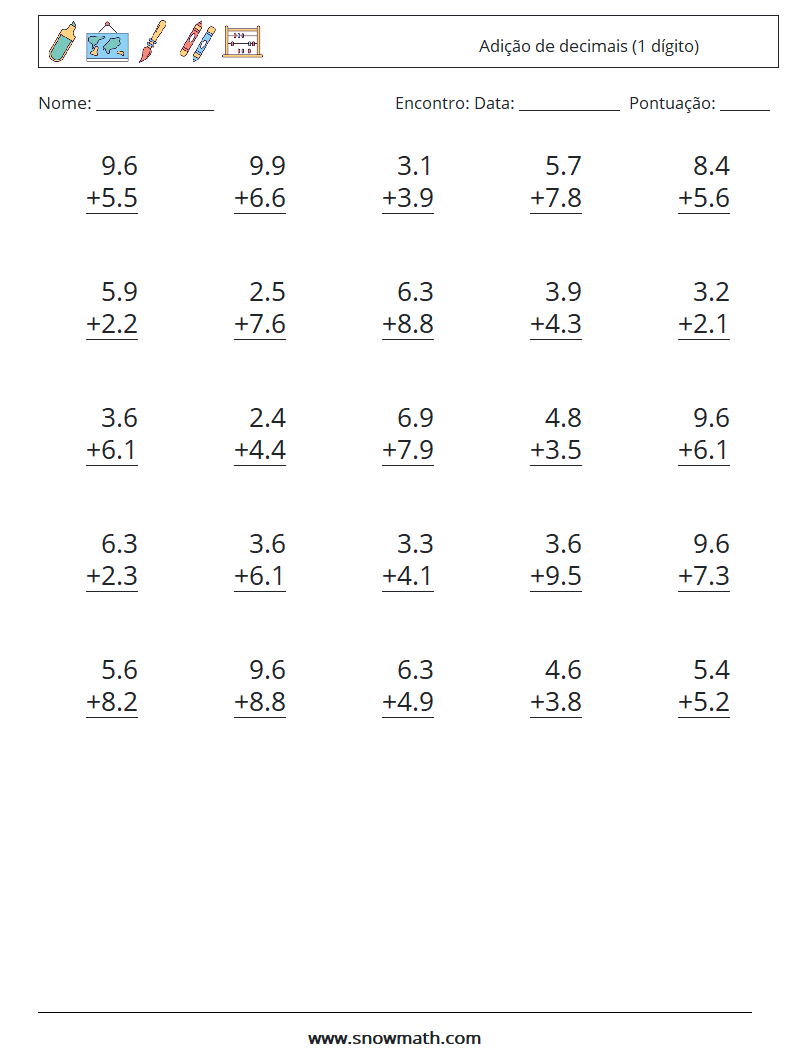 (25) Adição de decimais (1 dígito) planilhas matemáticas 2