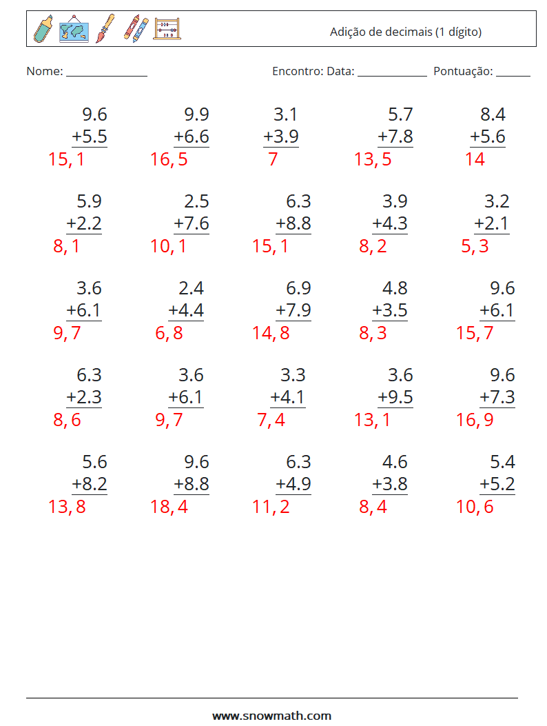 (25) Adição de decimais (1 dígito) planilhas matemáticas 2 Pergunta, Resposta