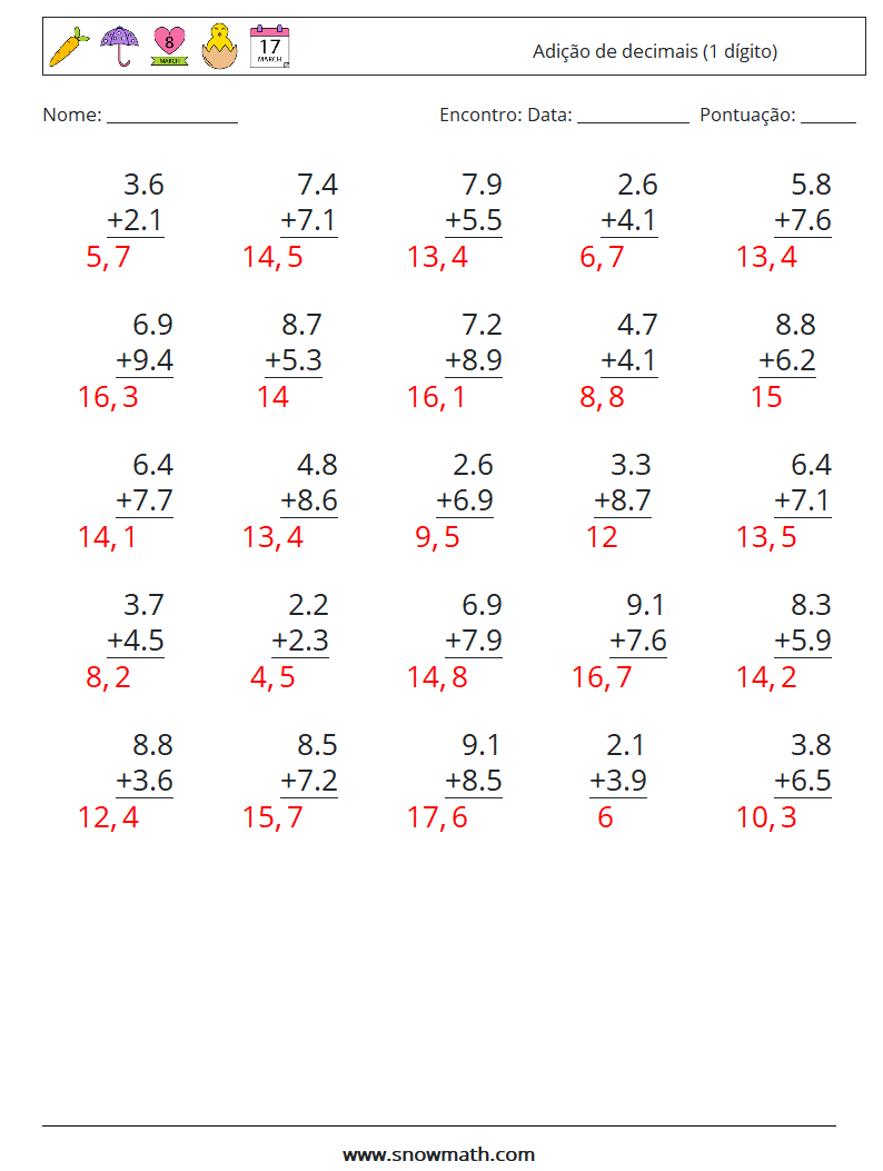 (25) Adição de decimais (1 dígito) planilhas matemáticas 3 Pergunta, Resposta