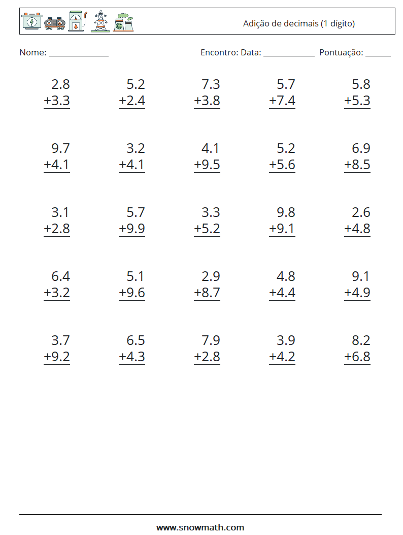 (25) Adição de decimais (1 dígito) planilhas matemáticas 4