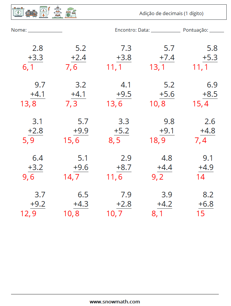 (25) Adição de decimais (1 dígito) planilhas matemáticas 4 Pergunta, Resposta