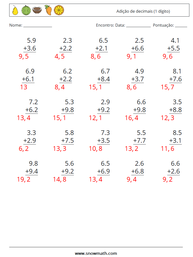 (25) Adição de decimais (1 dígito) planilhas matemáticas 5 Pergunta, Resposta