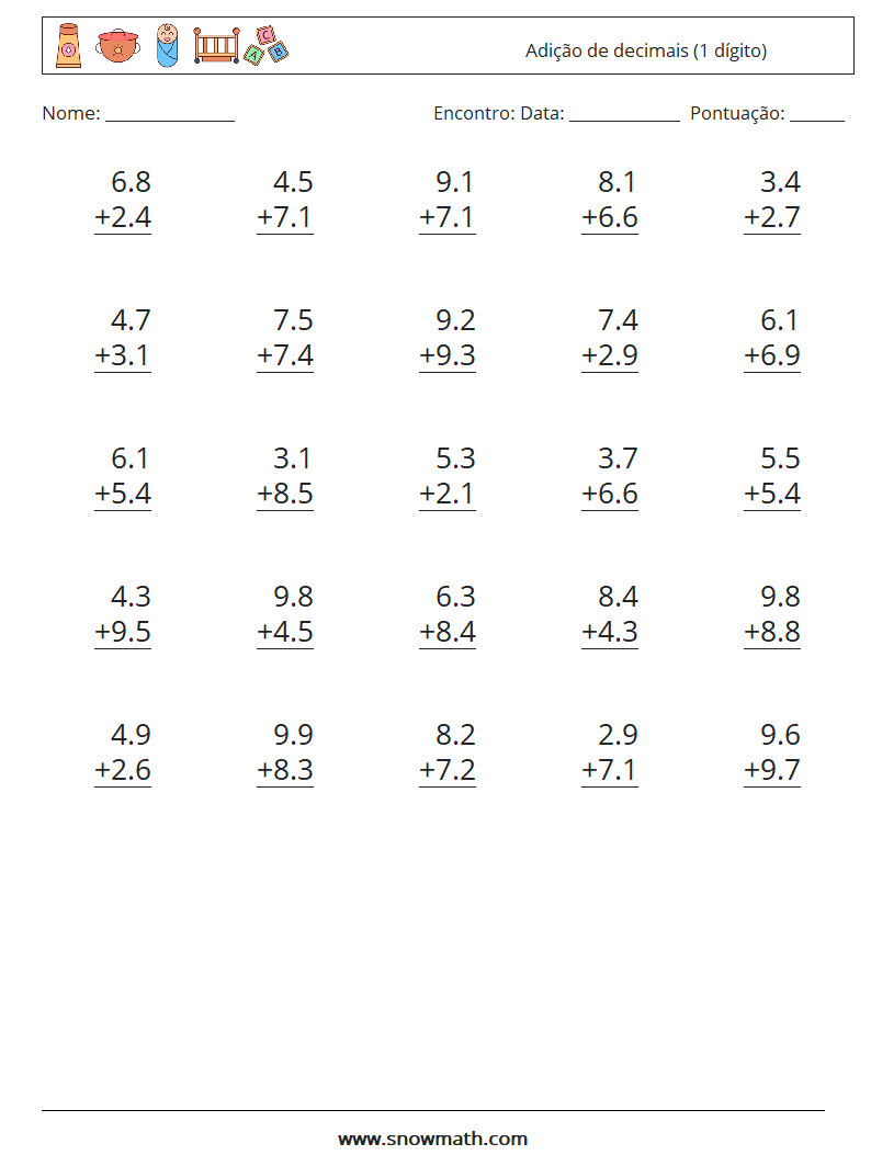 (25) Adição de decimais (1 dígito) planilhas matemáticas 6