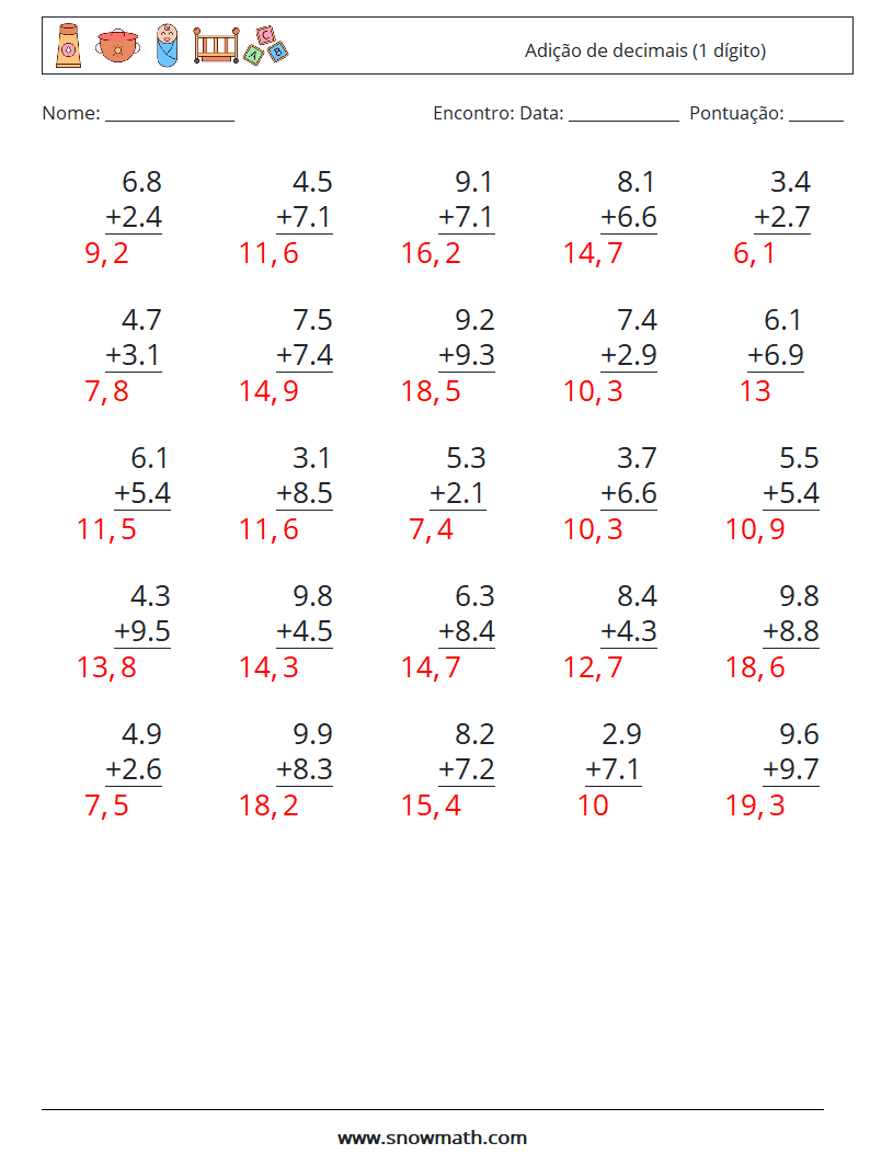 (25) Adição de decimais (1 dígito) planilhas matemáticas 6 Pergunta, Resposta