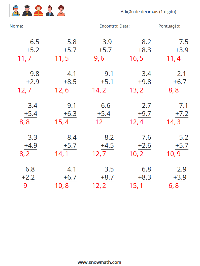 (25) Adição de decimais (1 dígito) planilhas matemáticas 7 Pergunta, Resposta