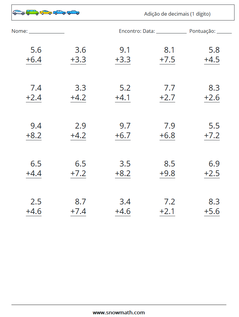 (25) Adição de decimais (1 dígito) planilhas matemáticas 8