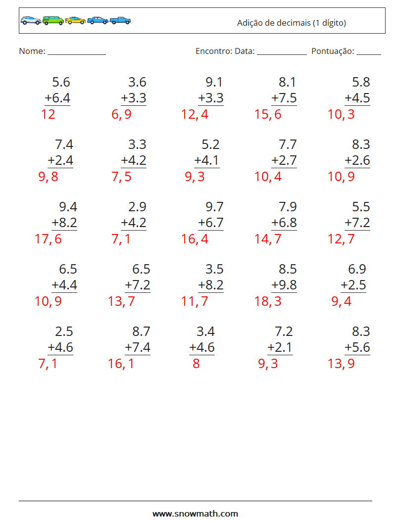 (25) Adição de decimais (1 dígito) planilhas matemáticas 8 Pergunta, Resposta