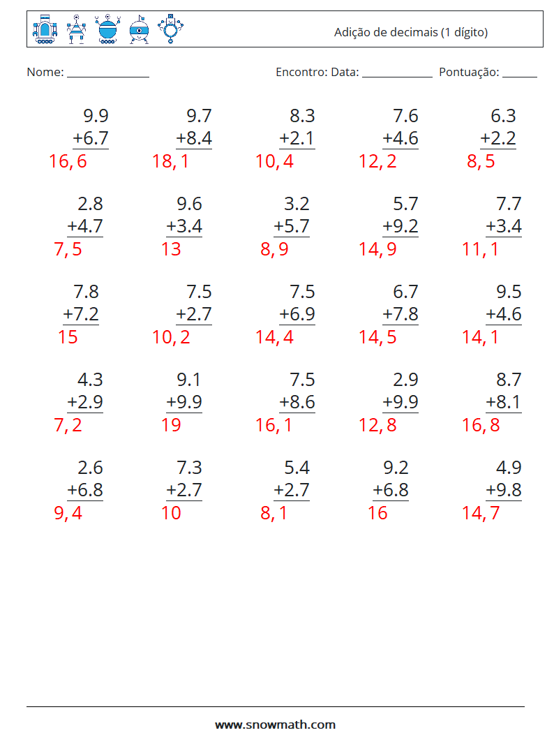 (25) Adição de decimais (1 dígito) planilhas matemáticas 9 Pergunta, Resposta