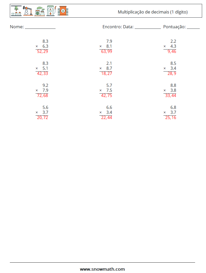 (12) Multiplicação de decimais (1 dígito) planilhas matemáticas 10 Pergunta, Resposta