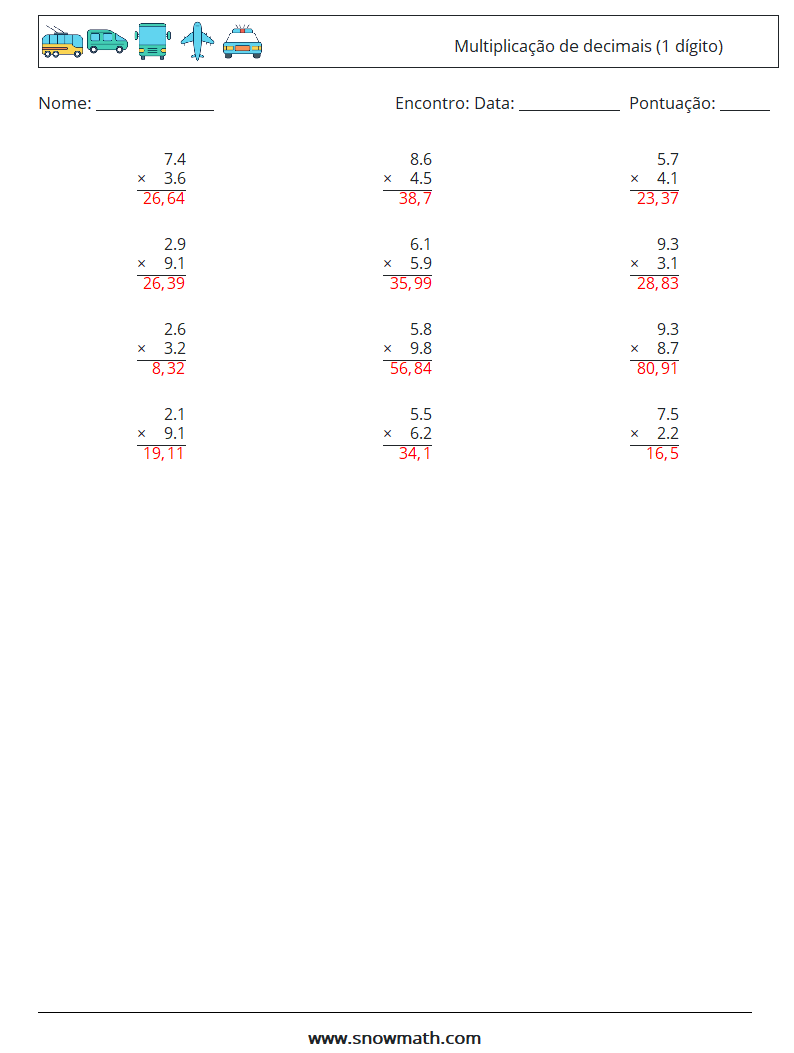 (12) Multiplicação de decimais (1 dígito) planilhas matemáticas 11 Pergunta, Resposta