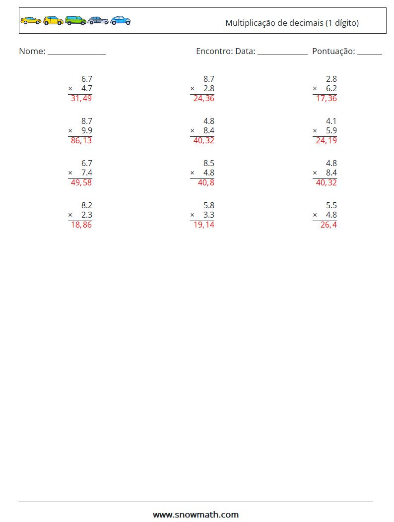 (12) Multiplicação de decimais (1 dígito) planilhas matemáticas 12 Pergunta, Resposta