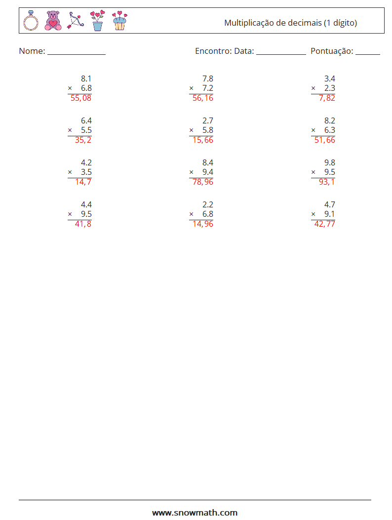 (12) Multiplicação de decimais (1 dígito) planilhas matemáticas 13 Pergunta, Resposta