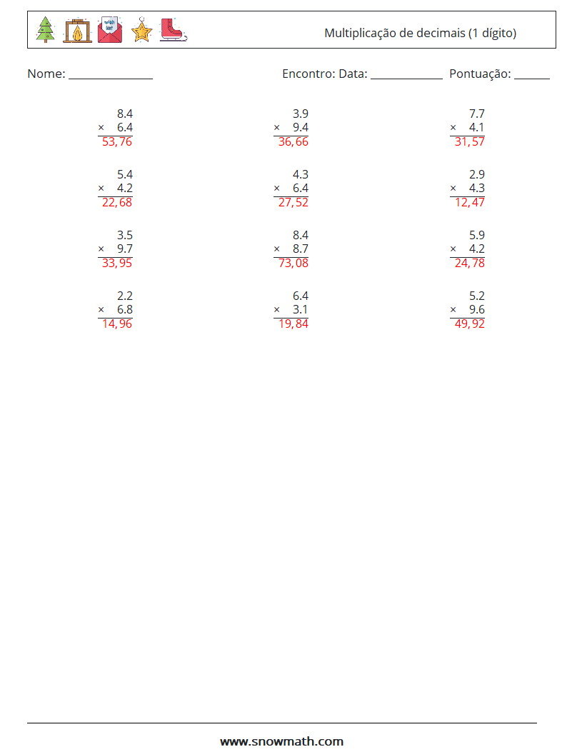 (12) Multiplicação de decimais (1 dígito) planilhas matemáticas 14 Pergunta, Resposta