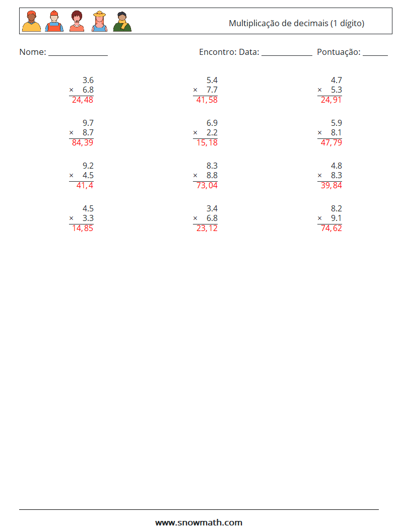(12) Multiplicação de decimais (1 dígito) planilhas matemáticas 15 Pergunta, Resposta
