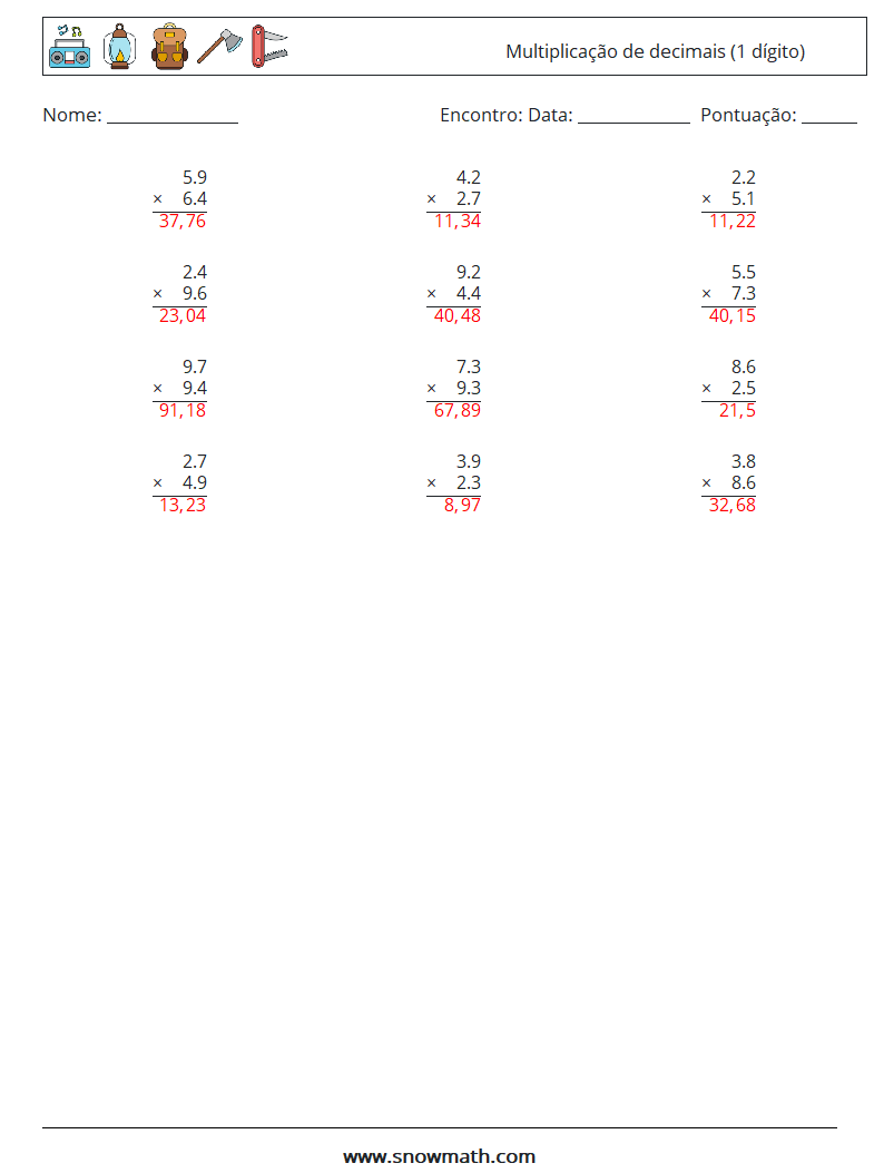 (12) Multiplicação de decimais (1 dígito) planilhas matemáticas 16 Pergunta, Resposta
