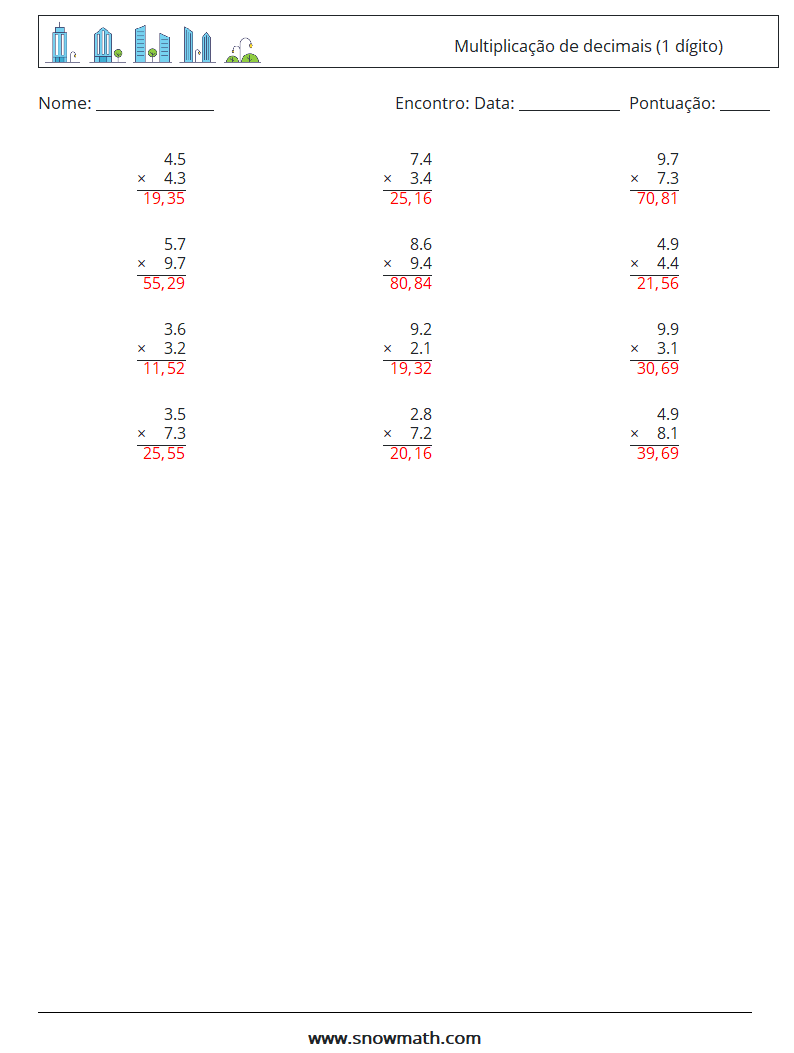 (12) Multiplicação de decimais (1 dígito) planilhas matemáticas 18 Pergunta, Resposta