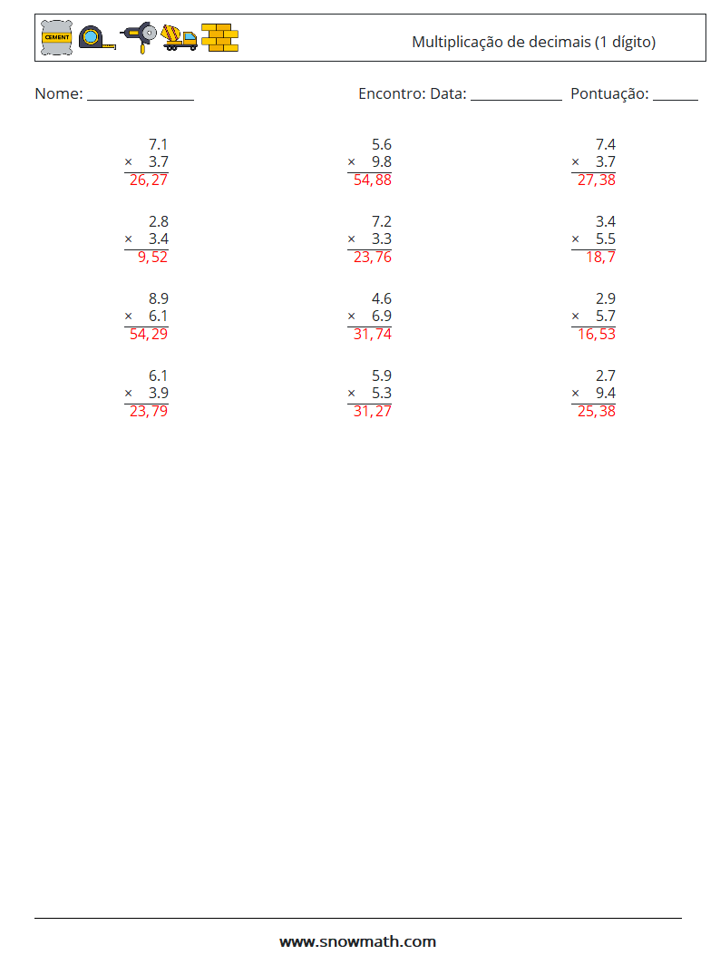 (12) Multiplicação de decimais (1 dígito) planilhas matemáticas 5 Pergunta, Resposta