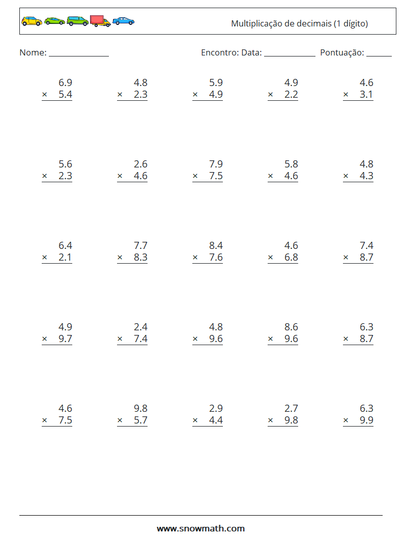 (25) Multiplicação de decimais (1 dígito) planilhas matemáticas 1