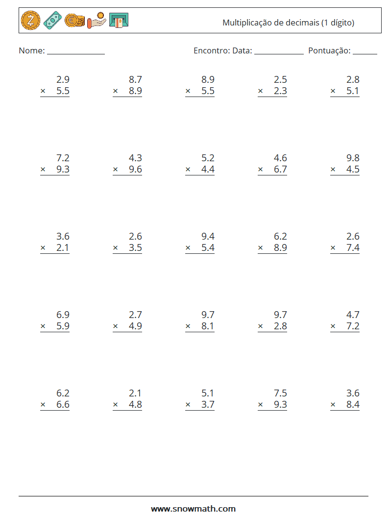 (25) Multiplicação de decimais (1 dígito) planilhas matemáticas 10