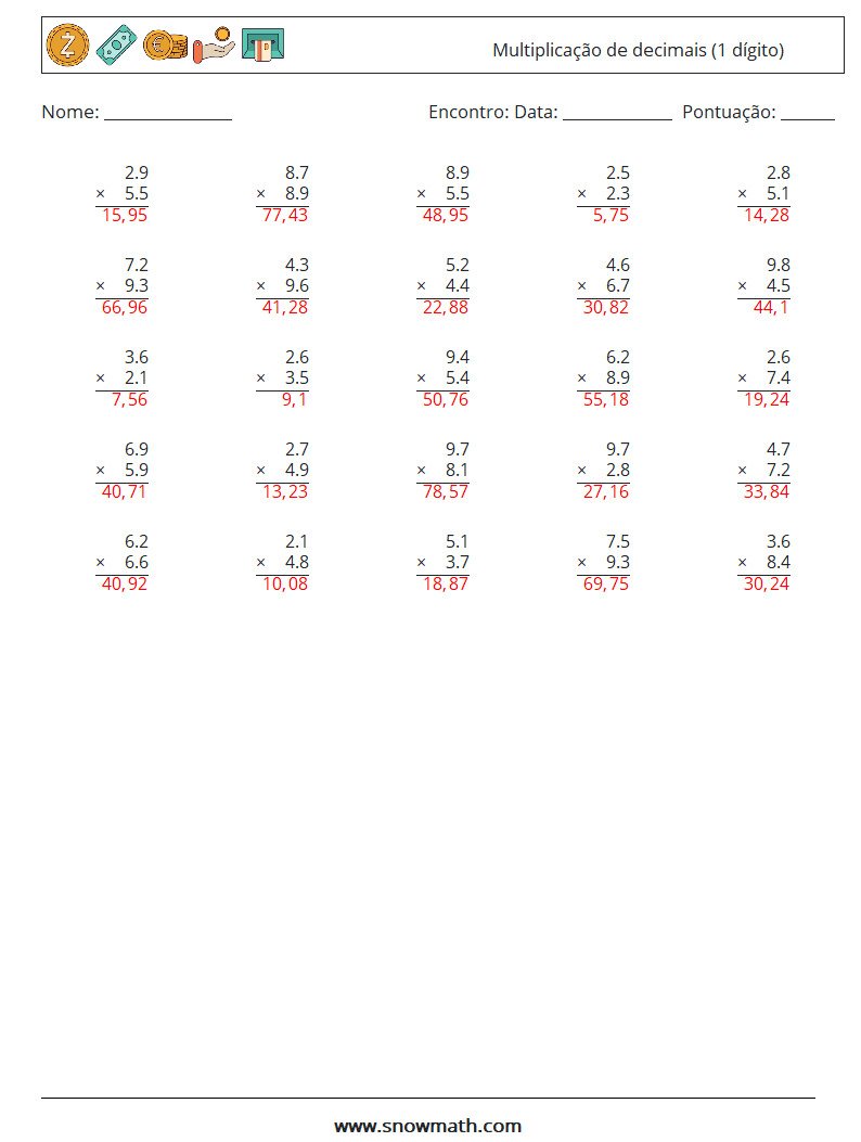 (25) Multiplicação de decimais (1 dígito) planilhas matemáticas 10 Pergunta, Resposta