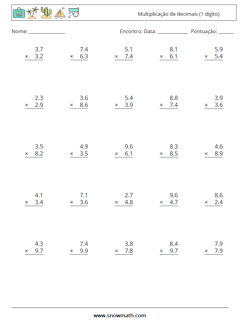 (25) Multiplicação de decimais (1 dígito) planilhas matemáticas 11