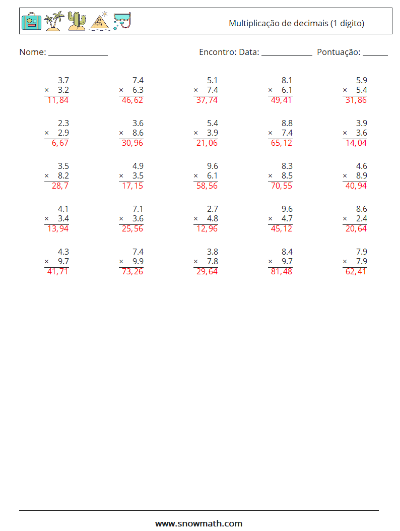 (25) Multiplicação de decimais (1 dígito) planilhas matemáticas 11 Pergunta, Resposta