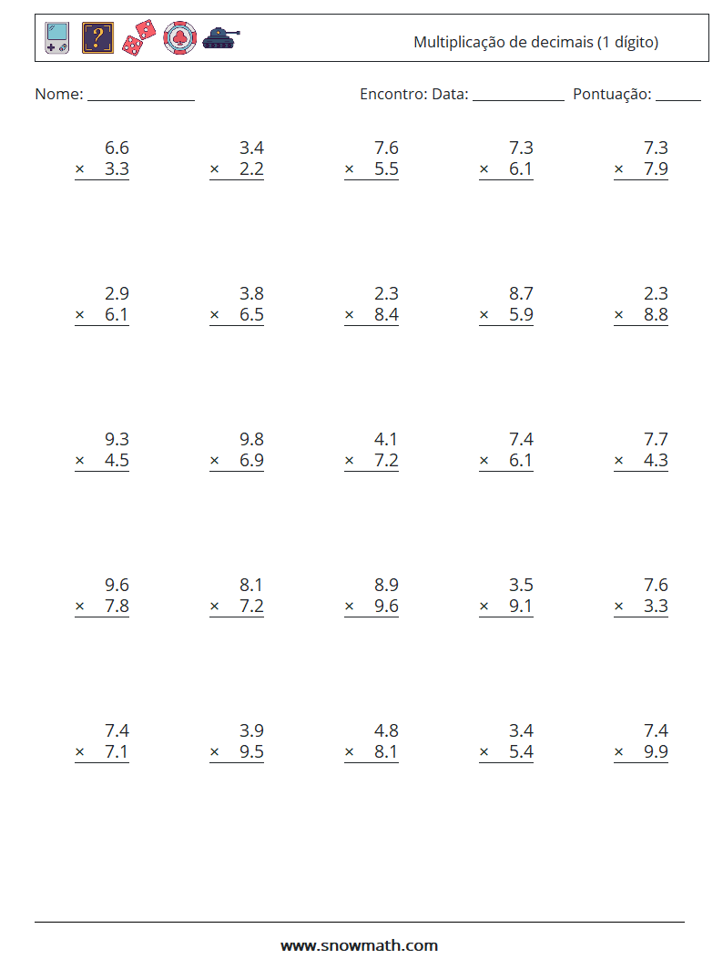 (25) Multiplicação de decimais (1 dígito) planilhas matemáticas 12