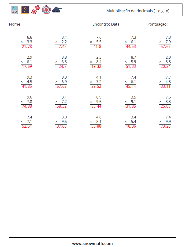(25) Multiplicação de decimais (1 dígito) planilhas matemáticas 12 Pergunta, Resposta