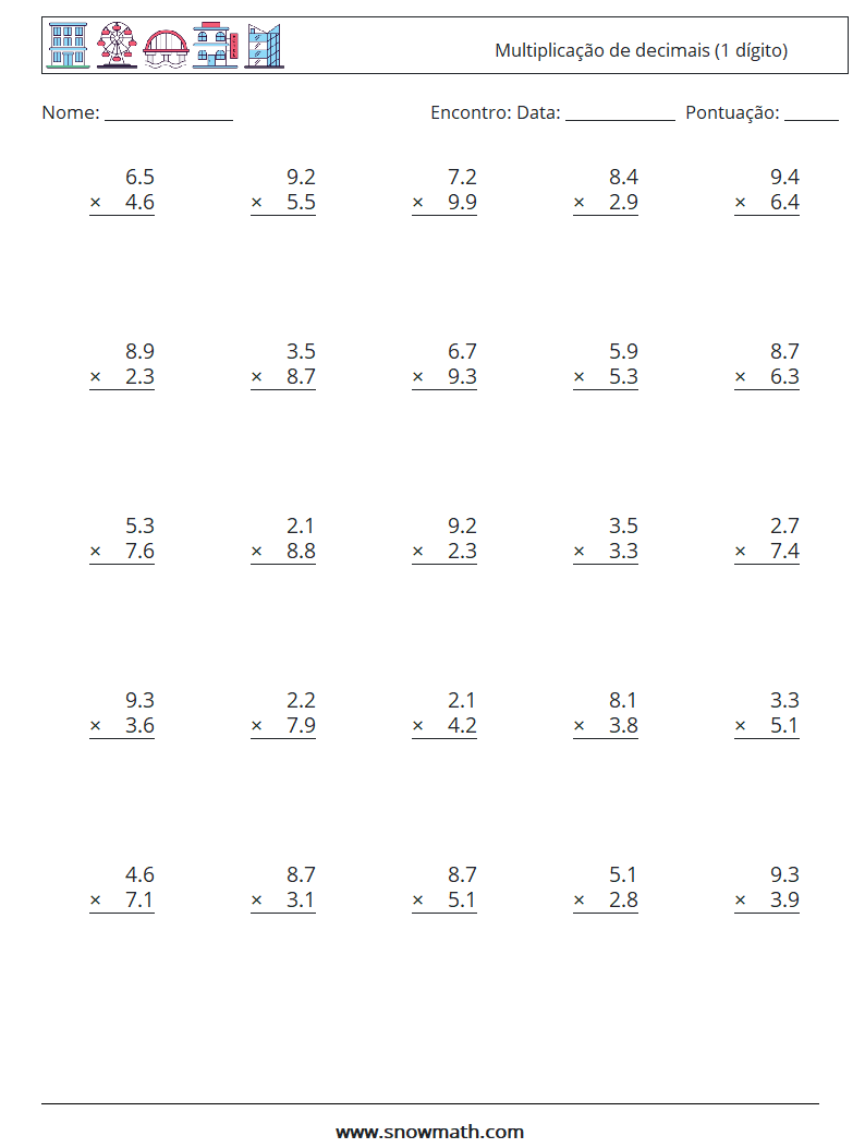 (25) Multiplicação de decimais (1 dígito) planilhas matemáticas 13