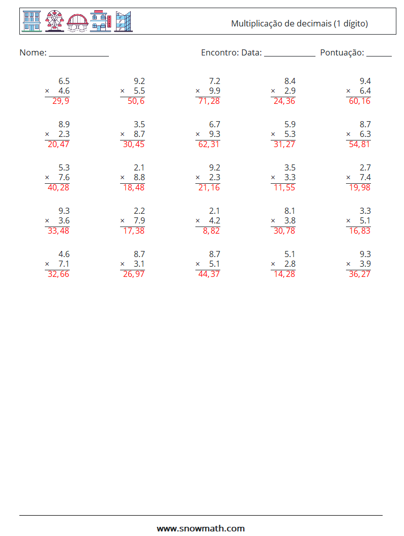 (25) Multiplicação de decimais (1 dígito) planilhas matemáticas 13 Pergunta, Resposta