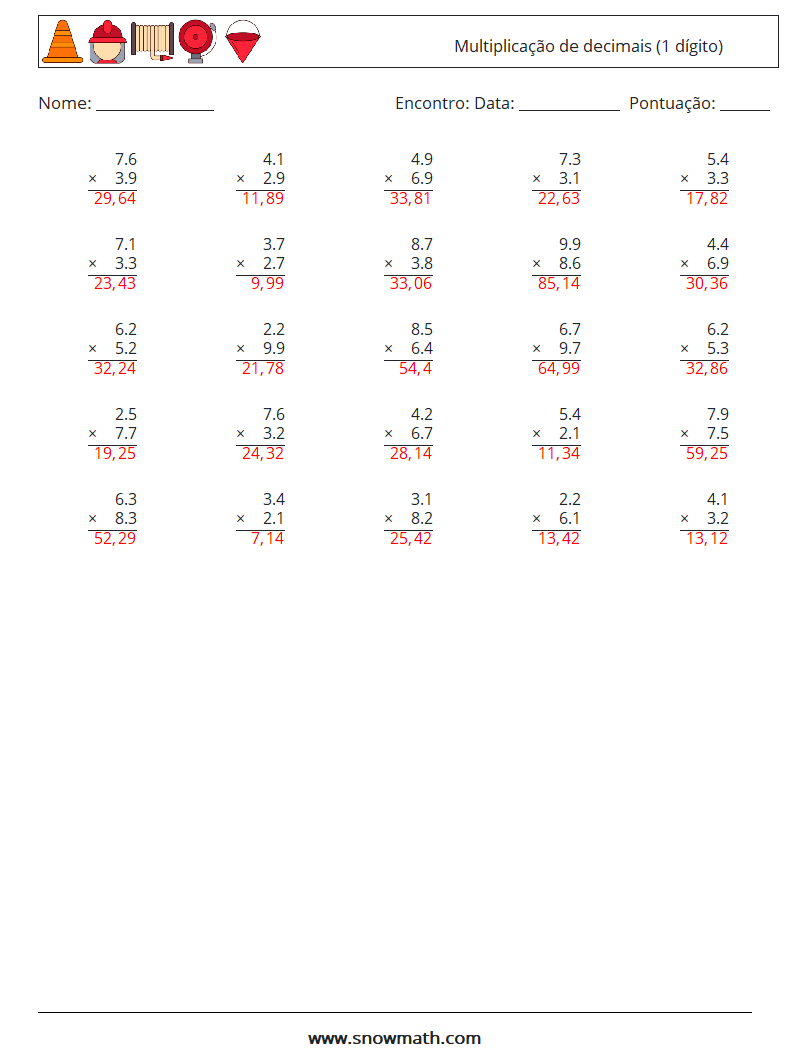 (25) Multiplicação de decimais (1 dígito) planilhas matemáticas 14 Pergunta, Resposta