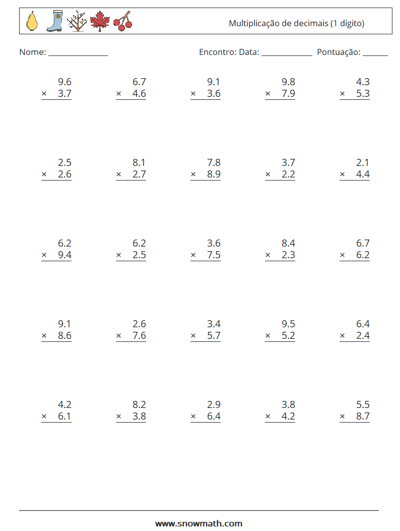 (25) Multiplicação de decimais (1 dígito) planilhas matemáticas 15