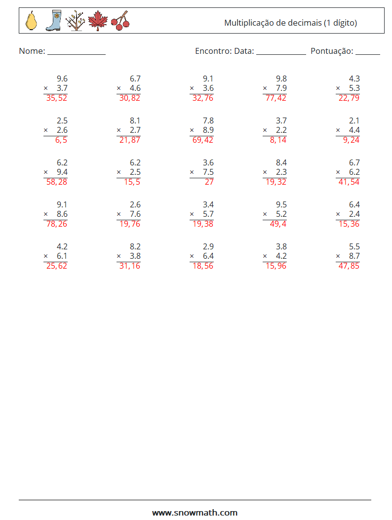 (25) Multiplicação de decimais (1 dígito) planilhas matemáticas 15 Pergunta, Resposta