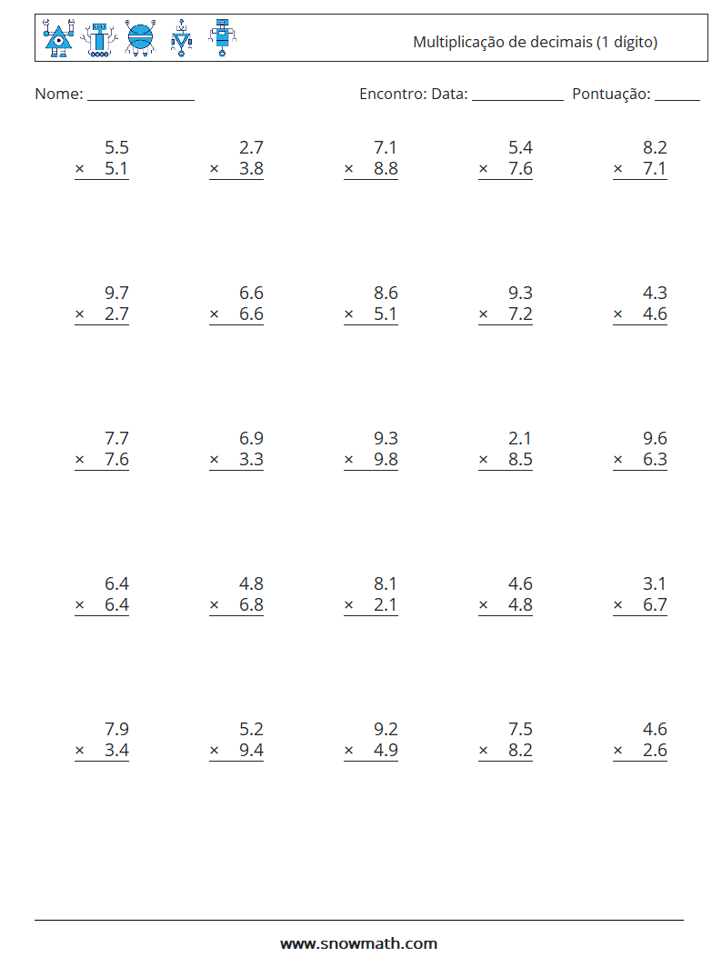 (25) Multiplicação de decimais (1 dígito) planilhas matemáticas 16