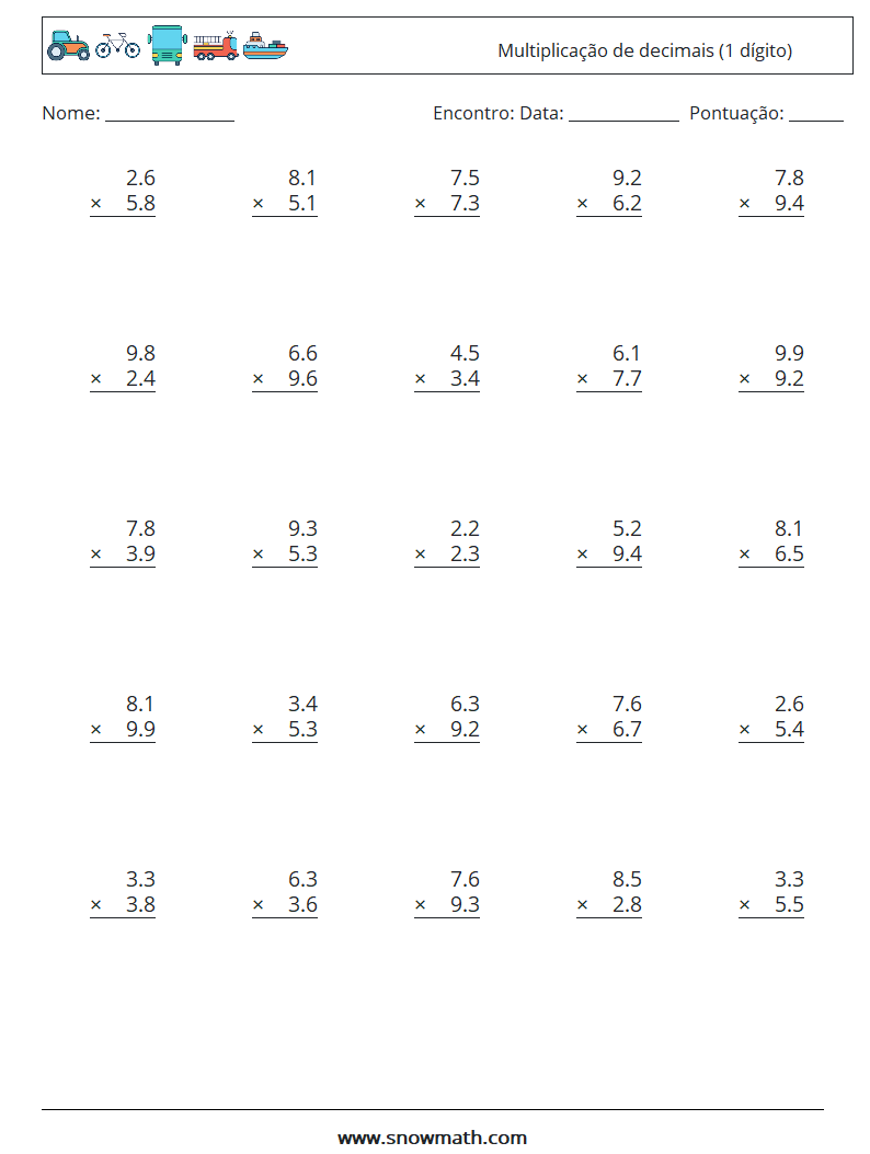 (25) Multiplicação de decimais (1 dígito) planilhas matemáticas 17
