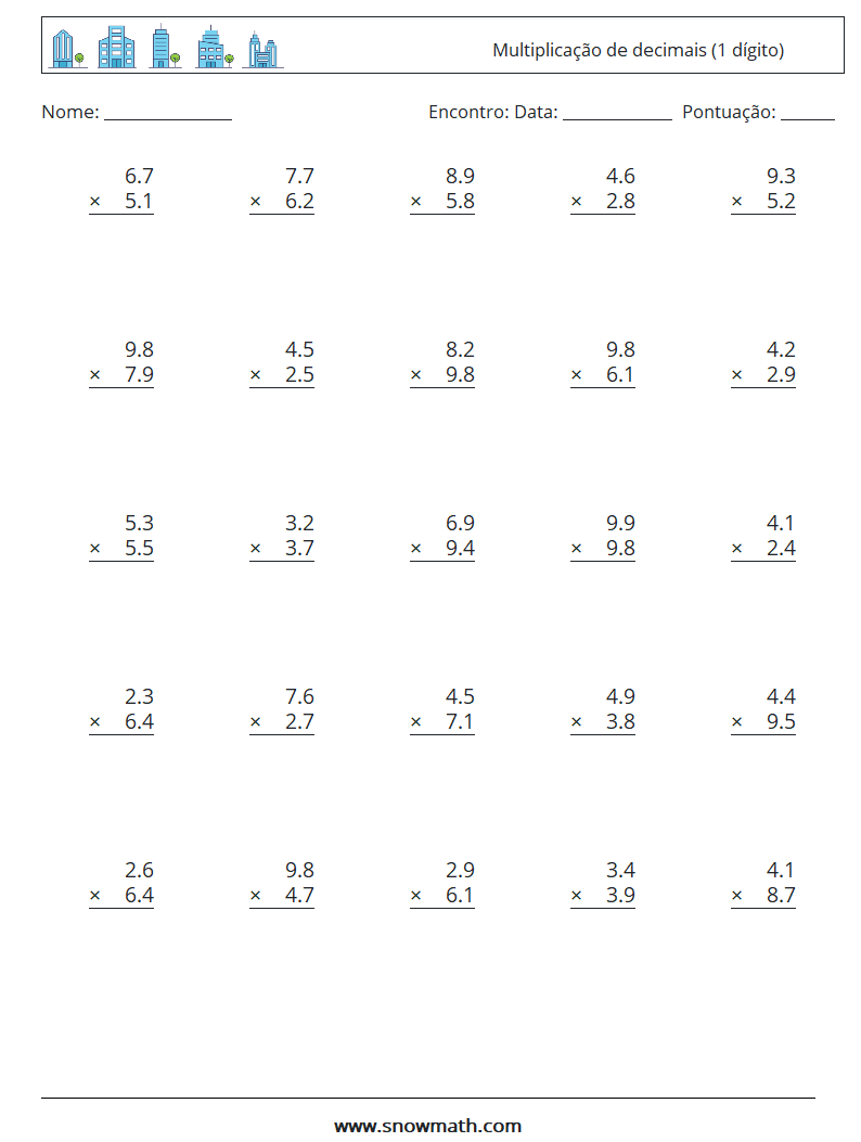 (25) Multiplicação de decimais (1 dígito) planilhas matemáticas 18