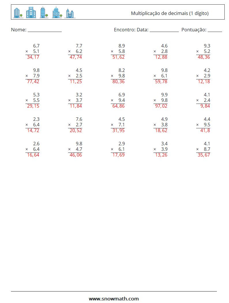 (25) Multiplicação de decimais (1 dígito) planilhas matemáticas 18 Pergunta, Resposta