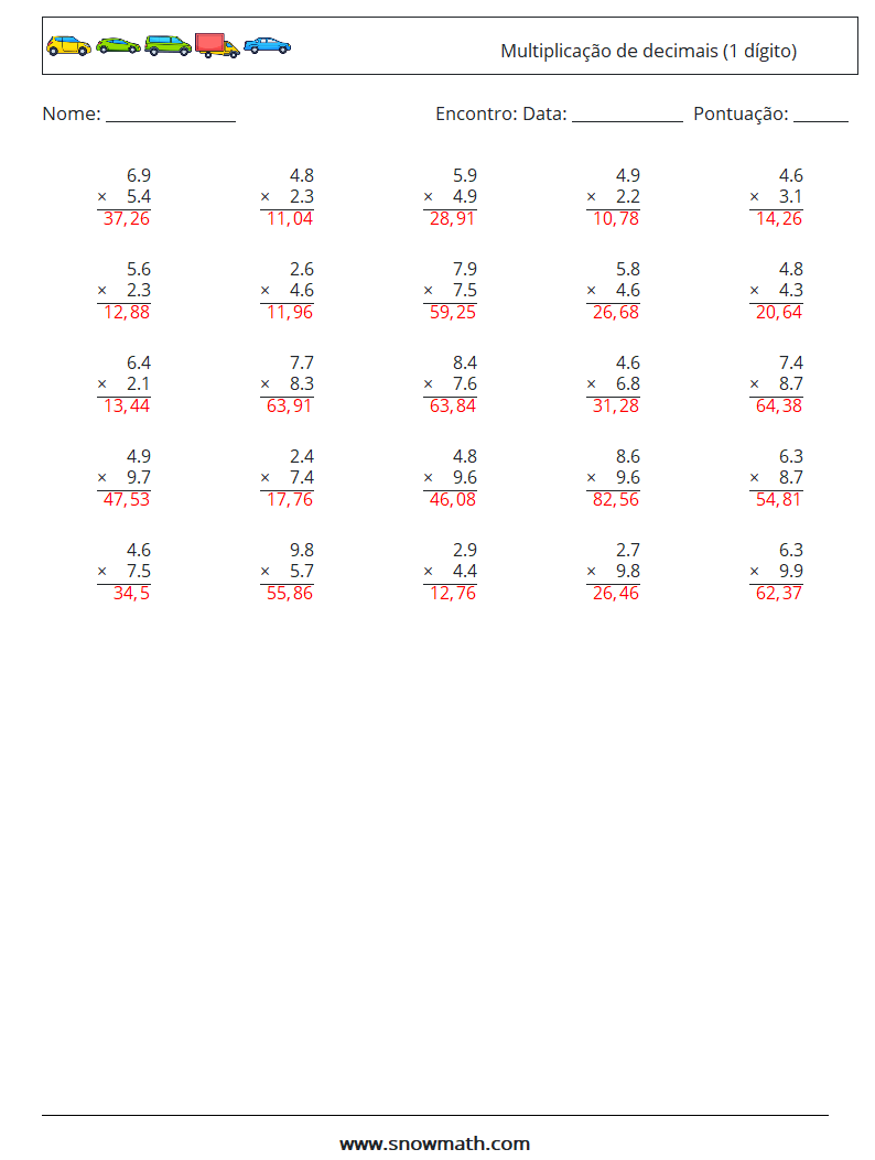 (25) Multiplicação de decimais (1 dígito) planilhas matemáticas 1 Pergunta, Resposta