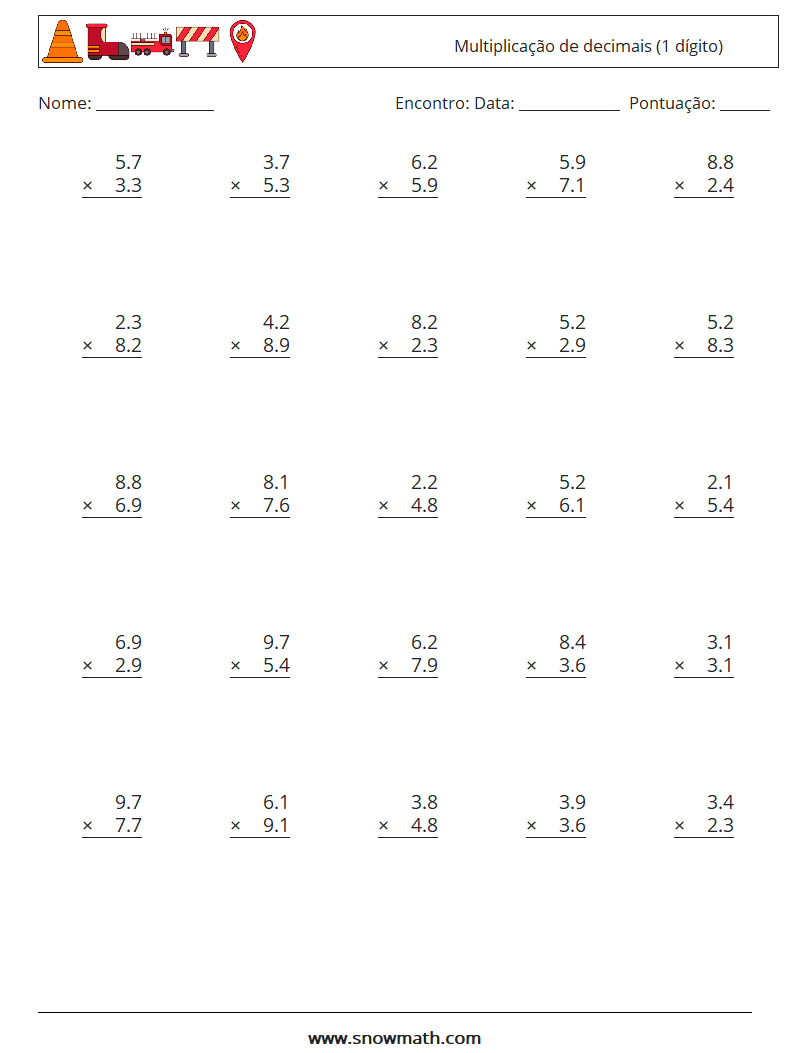 (25) Multiplicação de decimais (1 dígito) planilhas matemáticas 2
