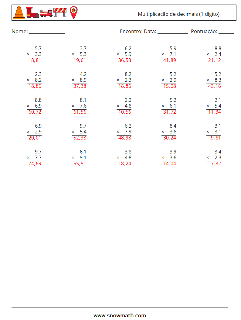 (25) Multiplicação de decimais (1 dígito) planilhas matemáticas 2 Pergunta, Resposta